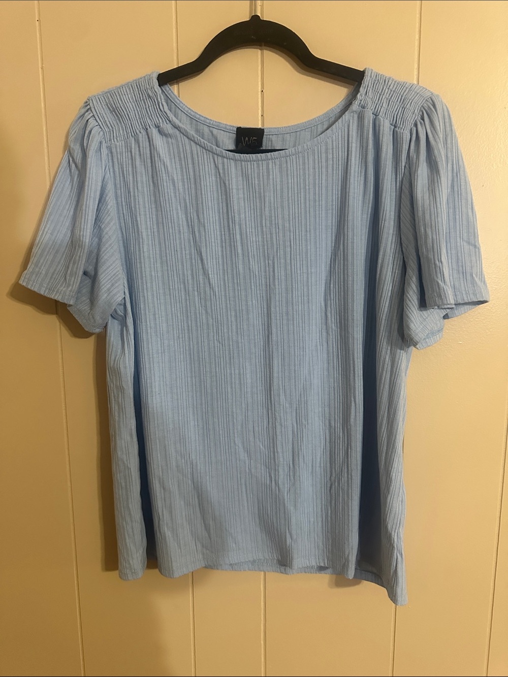 W5 Light Blue Ribbed Short Sleeve Top with Shirred Shoulders